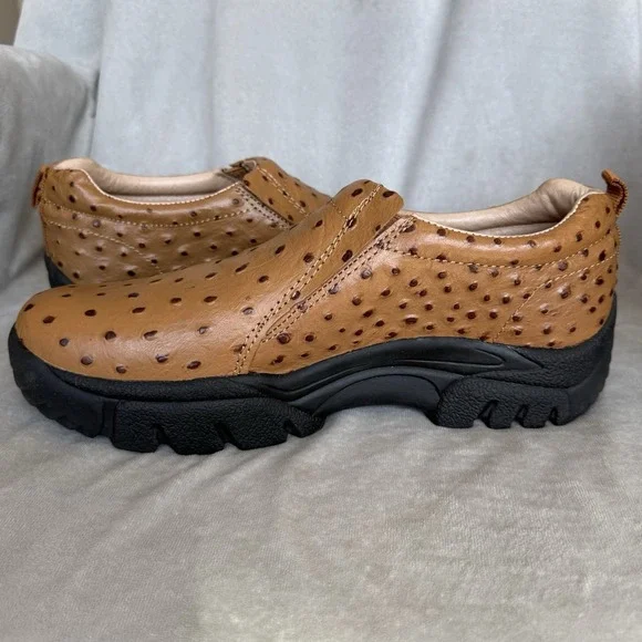 Roper Leather Performance Sport Slip On Shoes Mens Size 11 Tan Ostrich Embossed